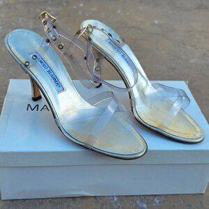 Vintage Manolo Blahnik Heeled Sandals (Gold Leather/PVC Straps) EU 37/US 7